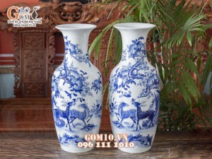 Đôi lọ lộc bình men lam vẽ cảnh Phú Quý Trường Thọ, cao 60cm