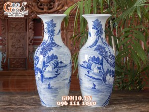 Đôi lọ lộc bình men lam vẽ cảnh Sơn Thuỷ Hữu Tình cao 50cm