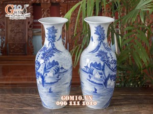 Đôi lọ lộc bình men lam vẽ cảnh Sơn Thuỷ Hữu Tình cao 50cm