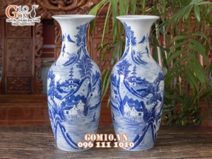 Đôi lọ lộc bình men lam vẽ cảnh Sơn Thuỷ Hữu Tình cao 50cm