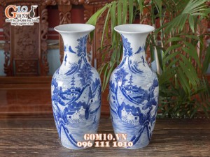 Đôi lọ lộc bình men lam vẽ cảnh Sơn Thuỷ Hữu Tình cao 50cm