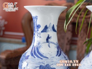 Đôi lọ lộc bình men lam vẽ cảnh Sơn Thuỷ Hữu Tình cao 50cm