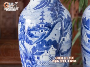 Đôi lọ lộc bình men lam vẽ cảnh Sơn Thuỷ Hữu Tình cao 50cm