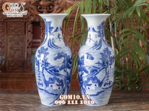 Đôi lọ lộc bình men lam vẽ cảnh Sơn Thuỷ Hữu Tình cao 50cm