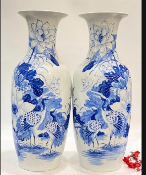 Đôi lọ lộc bình men lam vẽ Chim Hạc Liên Hoa-Phú Quý Trường Thọ, cao 60cm Đôi lọ lộc bình men lam vẽ Chim Hạc Liên Hoa-Phú Quý Trường Thọ, cao 60cm