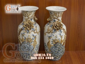 Đôi lọ lộc bình men rạn đắp nổi cao cấp Công Đào, cao 50cm