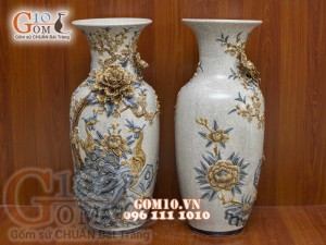 Đôi lọ lộc bình men rạn đắp nổi cao cấp Công Đào, cao 50cm