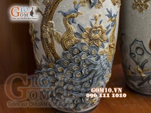 Đôi lọ lộc bình men rạn đắp nổi cao cấp Công Đào, cao 50cm