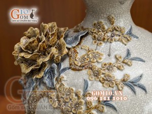 Đôi lọ lộc bình men rạn đắp nổi cao cấp Công Đào, cao 50cm