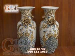 Đôi lọ lộc bình men rạn đắp nổi cao cấp Công Đào, cao 50cm