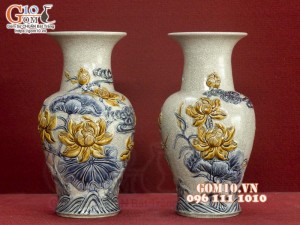 Đôi lọ lộc bình men rạn đắp nổi Sen Cát Tường, cao 43cm