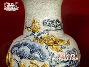 Đôi lọ lộc bình men rạn đắp nổi Sen Cát Tường, cao 43cm