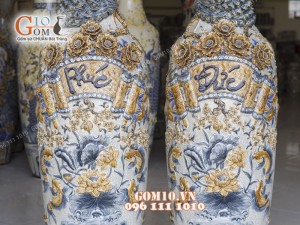 Đôi lọ lộc bình men rạn đắp nổi Phúc Đức, cao 1m55