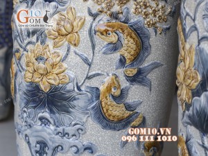 Đôi lọ lộc bình men rạn đắp nổi Phúc Đức, cao 1m55