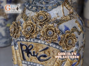 Đôi lọ lộc bình men rạn đắp nổi Phúc Đức, cao 1m55