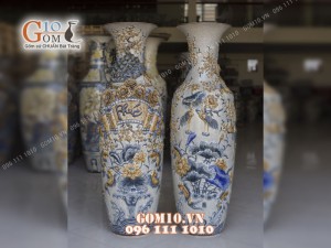 Đôi lọ lộc bình men rạn đắp nổi Phúc Đức, cao 1m55