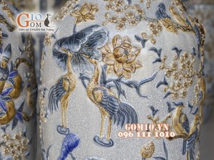 Đôi lọ lộc bình men rạn đắp nổi Phúc Đức, cao 1m55