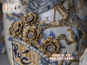 Đôi lọ lộc bình men rạn đắp nổi Phúc Đức, cao 1m55