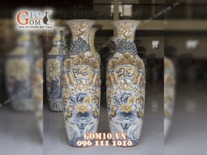 Đôi lọ lộc bình men rạn đắp nổi Phúc Đức, cao 1m55