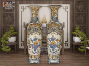 Đôi lọ lộc bình men rạn đắp nổi Phúc Đức- Công Đào phú quý, cao 1m60