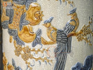 Đôi lọ lộc bình men rạn đắp nổi Phúc Đức- Công Đào phú quý, cao 1m60