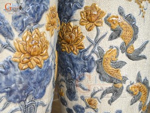 Đôi lọ lộc bình men rạn đắp nổi Phúc Đức- Công Đào phú quý, cao 1m60