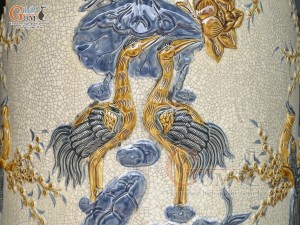 Đôi lọ lộc bình men rạn đắp nổi Phúc Đức- Công Đào phú quý, cao 1m60