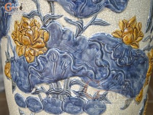 Đôi lọ lộc bình men rạn đắp nổi Phúc Đức- Công Đào phú quý, cao 1m60