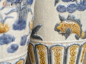 Đôi lọ lộc bình men rạn đắp nổi Phúc Đức- Công Đào phú quý, cao 1m60