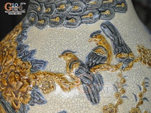 Đôi lọ lộc bình men rạn đắp nổi Phúc Đức- Công Đào phú quý, cao 1m60