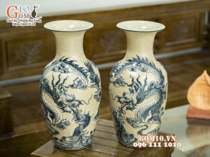 Đôi lọ lộc bình men rạn đắp nổi Rồng cuồn thủy, cao 48cm