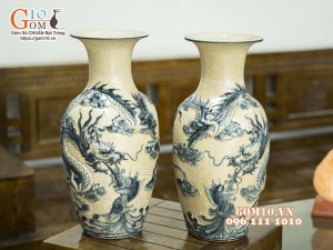 Đôi lọ lộc bình men rạn đắp nổi Rồng cuồn thủy, cao 48cm