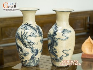 Đôi lọ lộc bình men rạn đắp nổi Rồng cuồn thủy, cao 48cm
