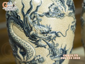 Đôi lọ lộc bình men rạn đắp nổi Rồng cuồn thủy, cao 48cm