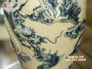 Đôi lọ lộc bình men rạn đắp nổi Rồng cuồn thủy, cao 48cm