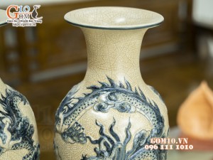 Đôi lọ lộc bình men rạn đắp nổi Rồng cuồn thủy, cao 48cm