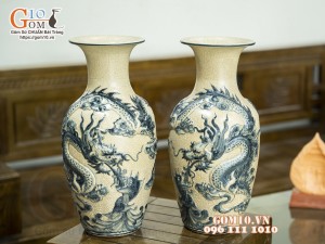 Đôi lọ lộc bình men rạn đắp nổi Rồng cuồn thủy, cao 32cm