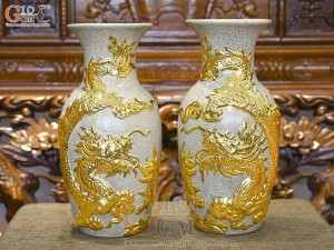 Đôi lọ lộc bình men rạn đắp nổi Rồng Như Ý dát vàng 24k, cao 45cm