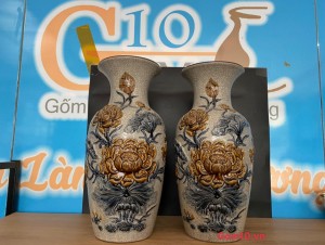 Đôi lọ lộc bình men rạn đắp nổi Sen Cát Tường, cao 40cm