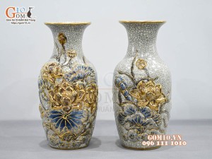 Đôi lọ lộc bình men rạn đắp nổi sen vẽ vàng 24k, cao 27cm