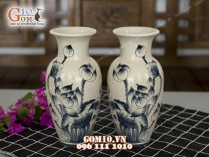 Đôi lọ lộc bình men rạn, họa tiết hoa sen 32cm