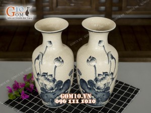 Đôi lọ lộc bình men rạn, họa tiết sen 55cm