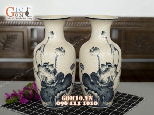 Đôi lọ lộc bình men rạn, họa tiết sen 40cm