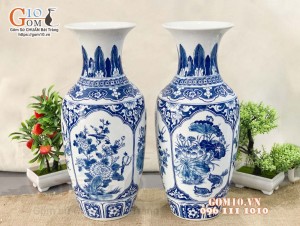 Đôi lọ lộc bình men trắng họa tiết tứ cảnh, cao 38cm