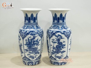 Đôi lọ lộc bình men trắng họa tiết Tứ Linh, cao 42cm