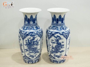 Đôi lọ lộc bình men trắng họa tiết Tứ Linh, cao 42cm