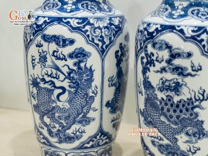 Đôi lọ lộc bình men trắng họa tiết Tứ Linh, cao 42cm