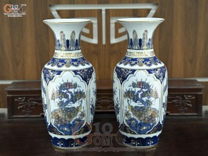 Đôi lọ lộc bình men trắng họa tiết Tứ Cảnh Tài Lộc vẽ vàng 24k, cao 60cm