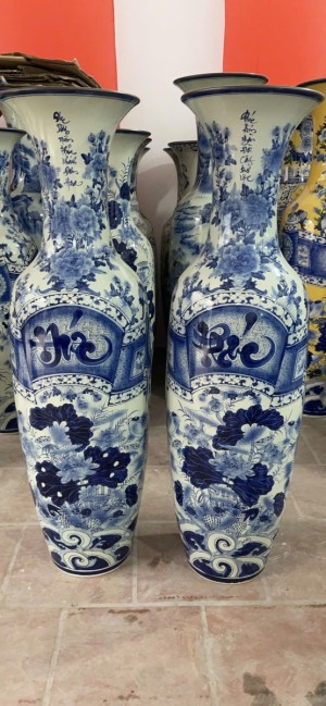 Đôi lọ lộc bình men trắng vẽ Phúc Đức, cao 1m40