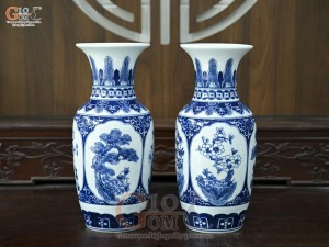 Đôi lọ lộc bình men trắng họa tiết Tứ Cảnh, cao 35cm